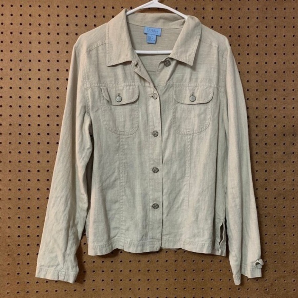 SO blue Sigrid Olsen Linen Blend Button Up Jacket Beige Large Lagenlook Minimal